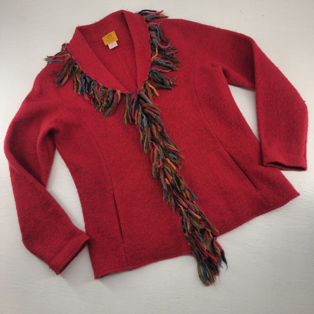 Ruby Rd Petite Red 100% Wool Fringe Trim‎ Hook Eye Jacket PM Bohemian Shag Trim